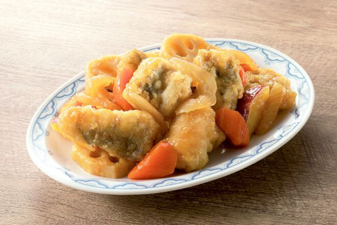 たらフリッターと根菜の黒酢あん　玄米黒酢入（2～3人前）